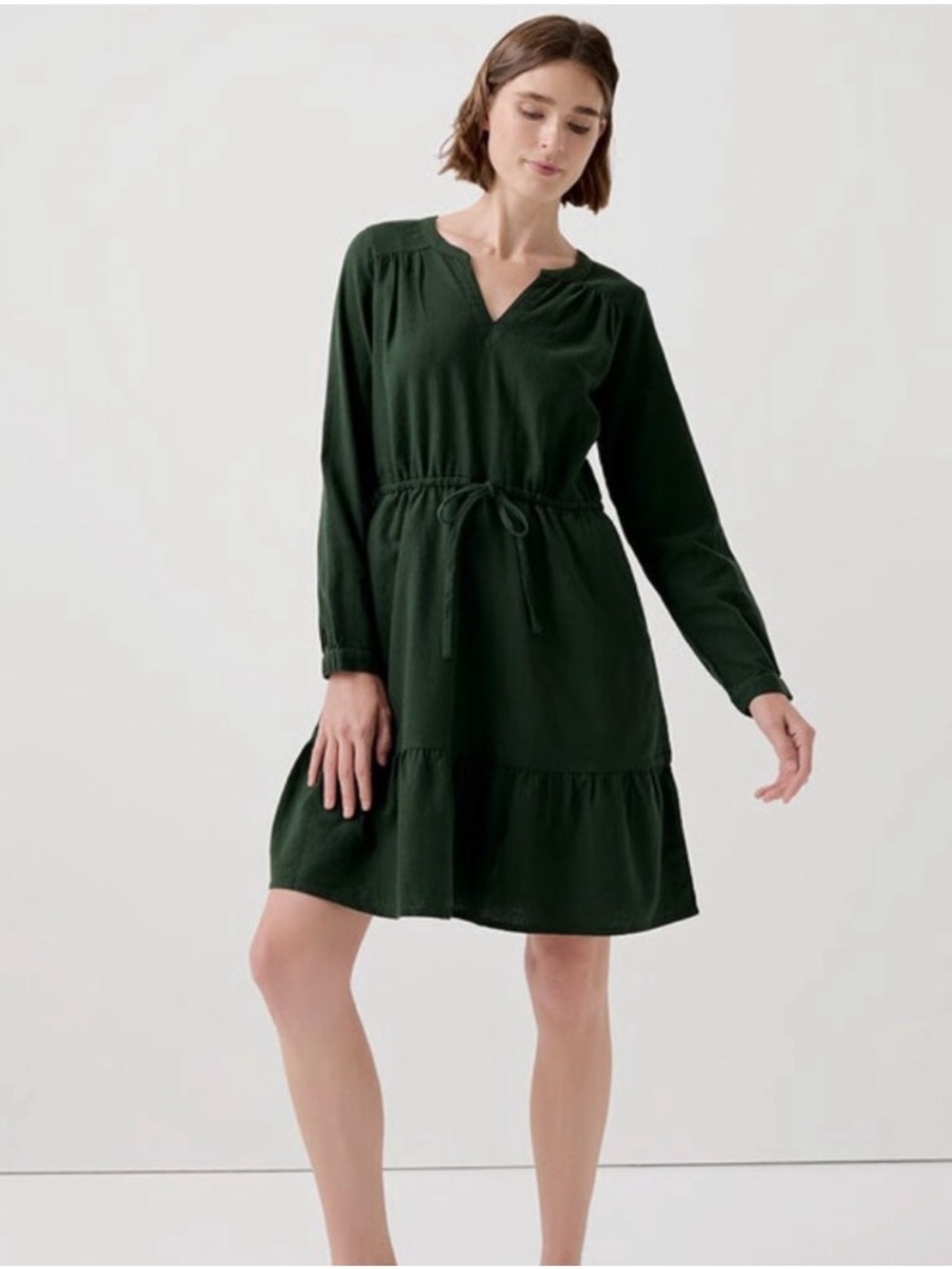 Pact Mountain View Cafe Crepe Tiered Dress Long Sleeve V-Neck Green Size Large